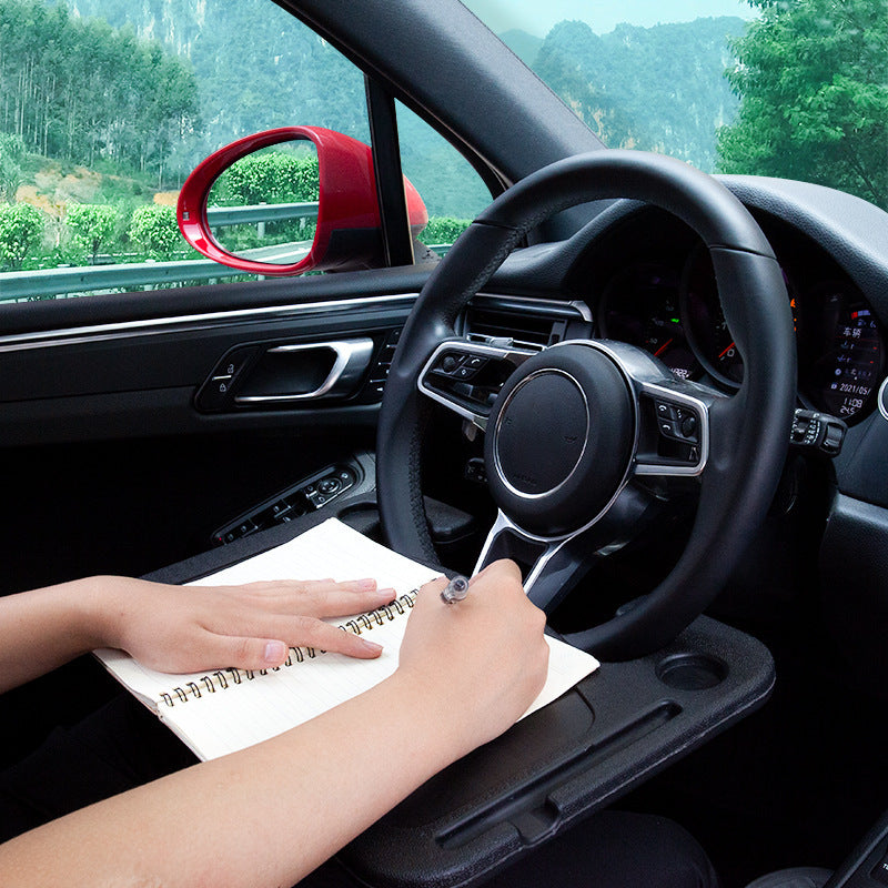 Black Multi-Functional Car Steering Wheel Tray - Portable Auto Desk for Eating, Laptop, and Drink Holder (42x28CM)