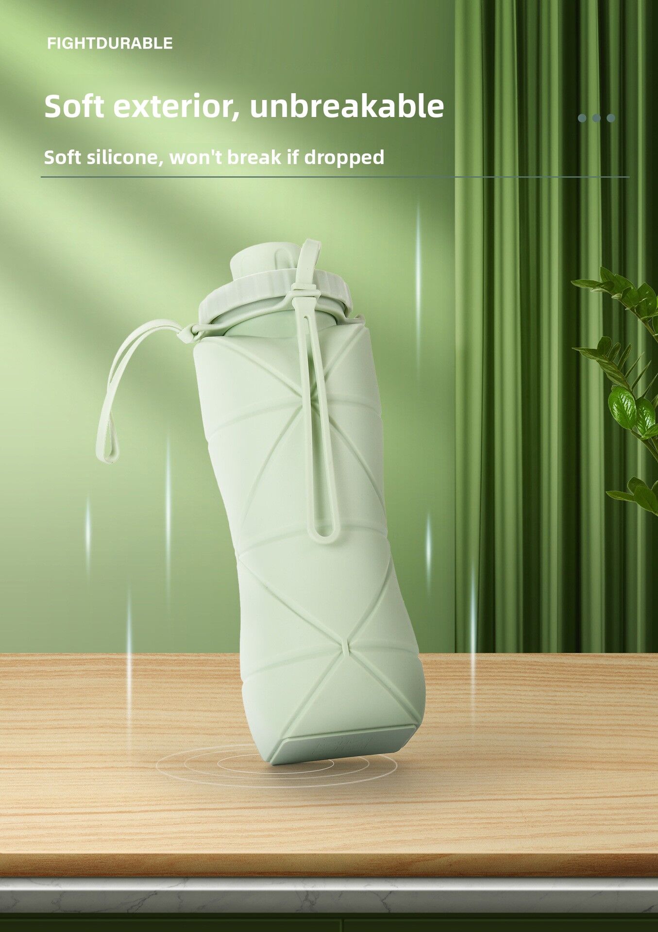 Green Portable Food Grade Silicone Collapsible Sports Water Bottle 600ML - Folding down 80% , Low High Temperature Resistant