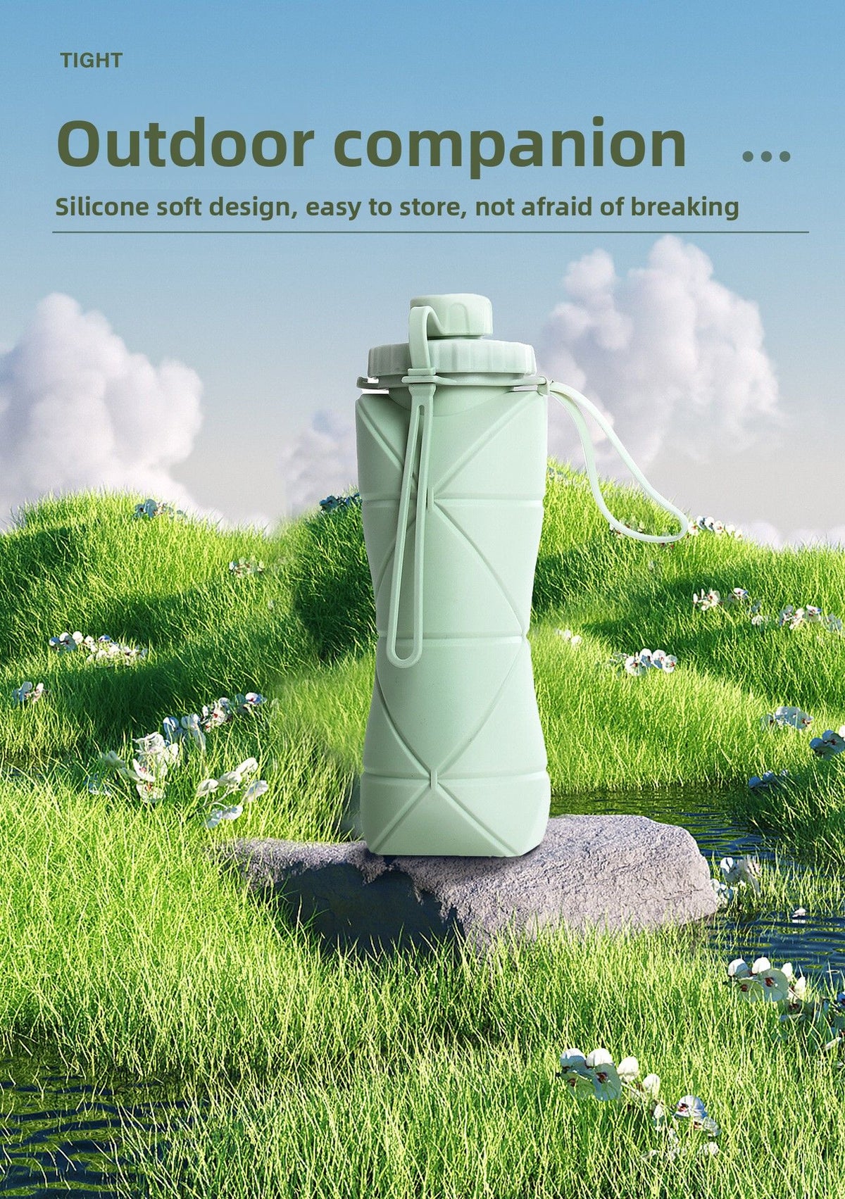 Blue Portable Food Grade Silicone Collapsible Sports Water Bottle 600ML - Folding down 80% , Low High Temperature Resistant