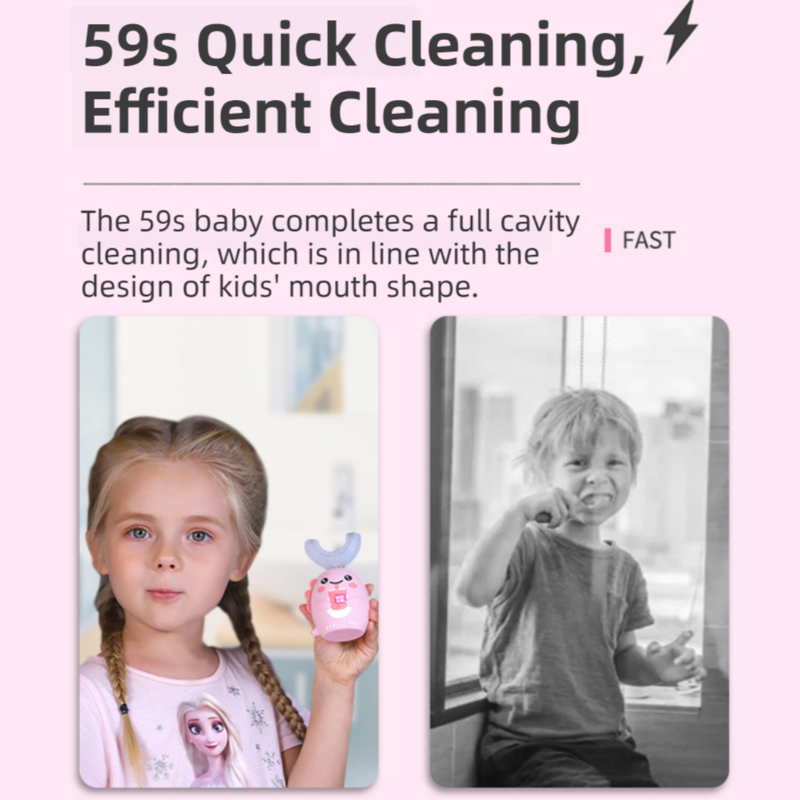 K18 Gray Raccoon 360° U-Shaped Electric Toothbrush Set for Children 2-6 Years Old - Silicone Soft Bristle Oral Cleaner with 6 Modes & 3 Small Brush Heads