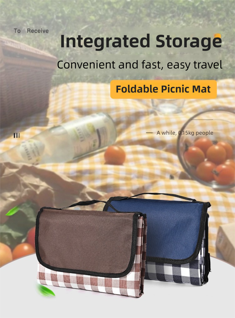 Dark Blue Lattice Foldable Waterproof & Moisture-Proof Picnic Blanket 150x100CM - 600D Three-Layer Composite Oxford Extra Large Mat for Beach & Camping