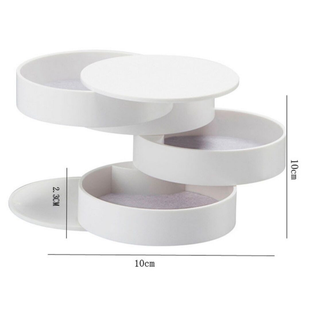 White 4-Layer Rotating Jewelry Storage Box - Dust-Proof Velvet Lined Organizer for Rings, Coins, and Hair Accessories (10x10CM)