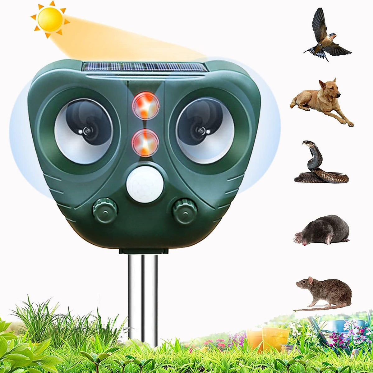 Model 703 Solar Powered Animal Repeller - Advanced Ultrasonic, Alarm &amp; Flashing Light System