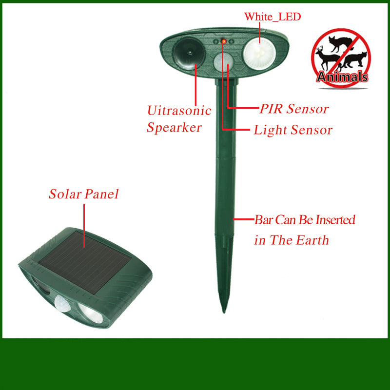 Model 703 Solar Powered Animal Repeller - Advanced Ultrasonic, Alarm & Flashing Light System
