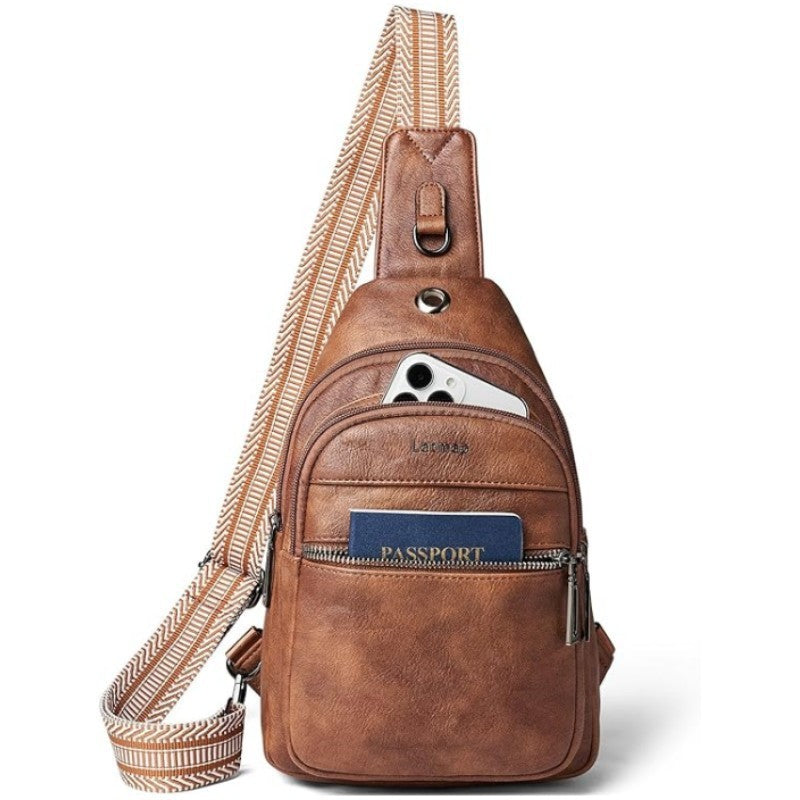 Brown Women's 3-Layer Zipped PU Chest Bag with Reversable Strap - Roomy But Not Nulky Single Shoulder Crossbody Bag