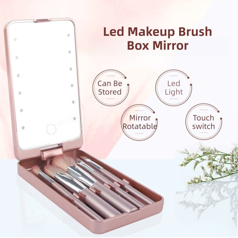 Pink Portable LED Makeup Mirror with Lights & Brushes (9x2.5x16CM) - Mini Foldable Desktop Vanity Mirror with Dual Color Temperature