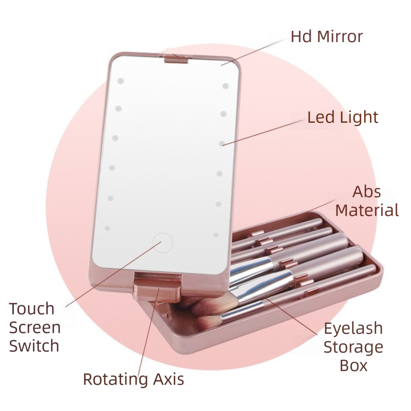 Pink Portable LED Makeup Mirror with Lights & Brushes (9x2.5x16CM) - Mini Foldable Desktop Vanity Mirror with Dual Color Temperature