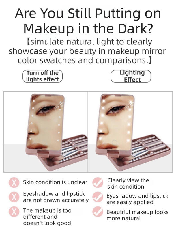 Pink Portable LED Makeup Mirror with Lights & Brushes (9x2.5x16CM) - Mini Foldable Desktop Vanity Mirror with Dual Color Temperature