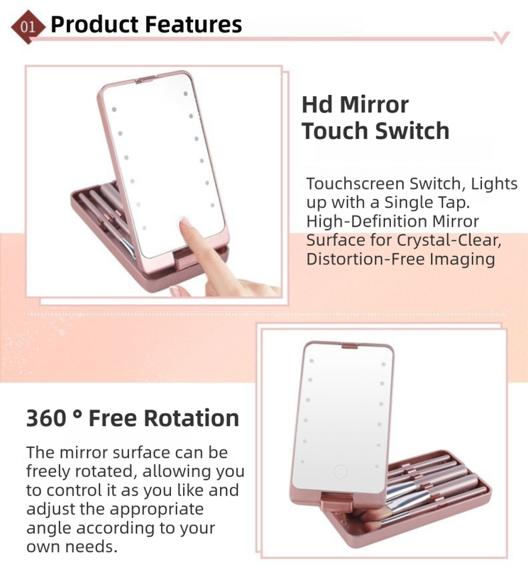 Pink Portable LED Makeup Mirror with Lights & Brushes (9x2.5x16CM) - Mini Foldable Desktop Vanity Mirror with Dual Color Temperature