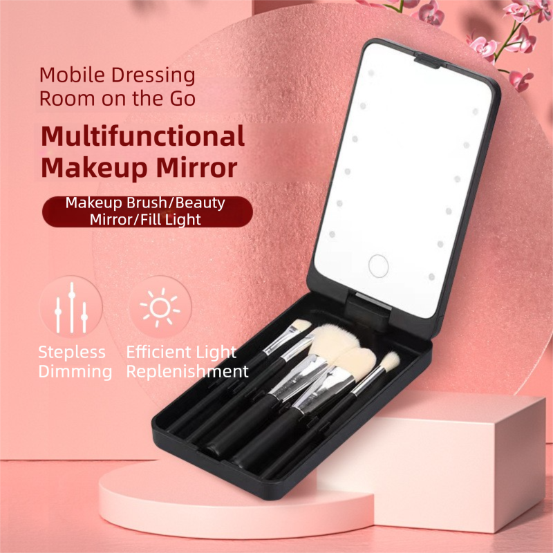 Pink Portable LED Makeup Mirror with Lights & Brushes (9x2.5x16CM) - Mini Foldable Desktop Vanity Mirror with Dual Color Temperature
