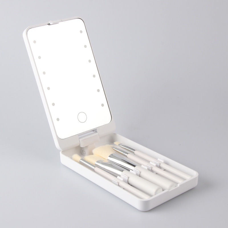 White Portable LED Makeup Mirror with Lights &amp; Brushes (9x2.5x16CM) - Mini Foldable Desktop Vanity Mirror with Dual Color Temperature