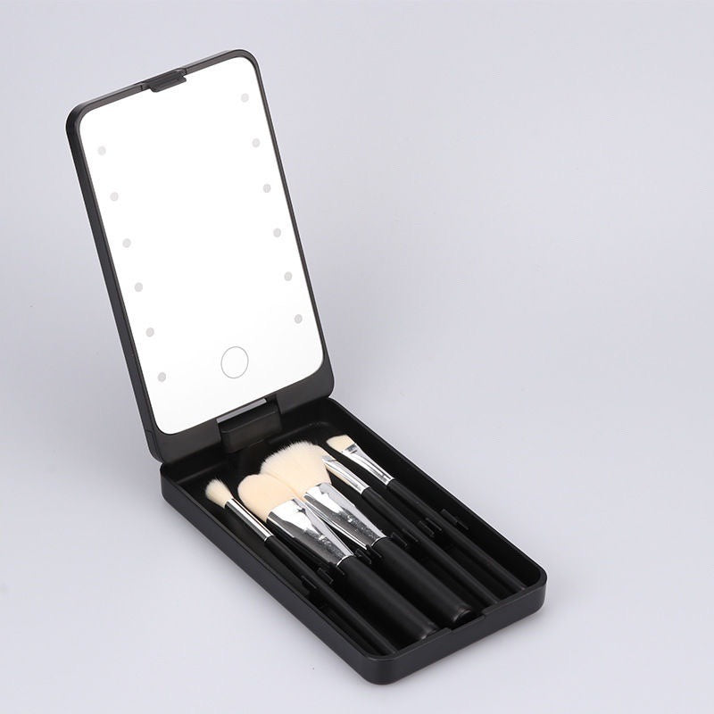 Black Portable LED Makeup Mirror with Lights &amp; Brushes (9x2.5x16CM) - Mini Foldable Desktop Vanity Mirror with Dual Color Temperature