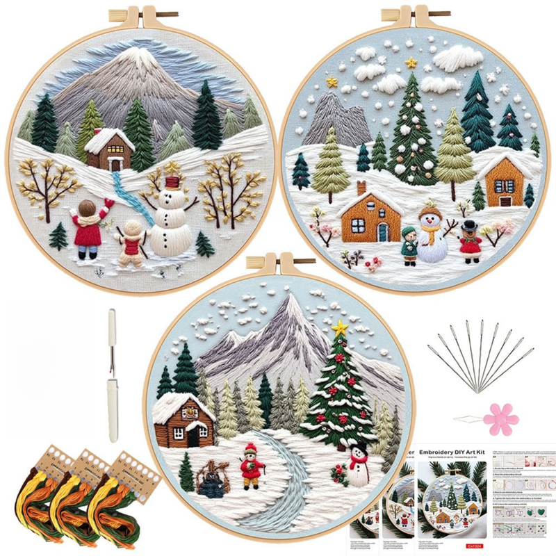 Christmas Embroidery DIY Kit with 20CM Faux Bamboo Hoop - Nordic Style Cross Stitch Material Pack (Style 3)