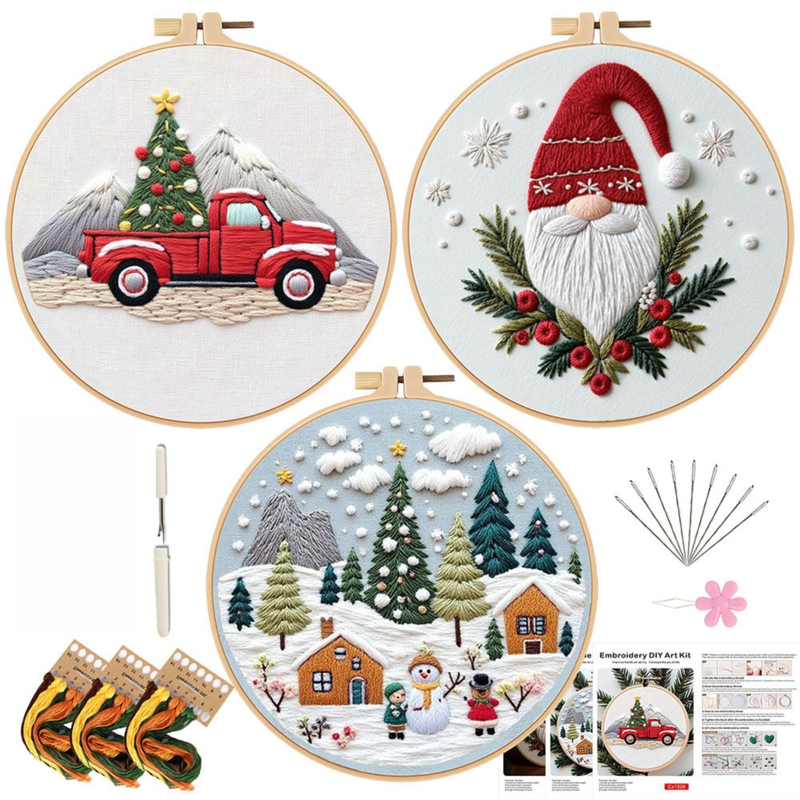 Christmas Embroidery DIY Kit with 20CM Faux Bamboo Hoop - Nordic Style Cross Stitch Material Pack (Style 4)
