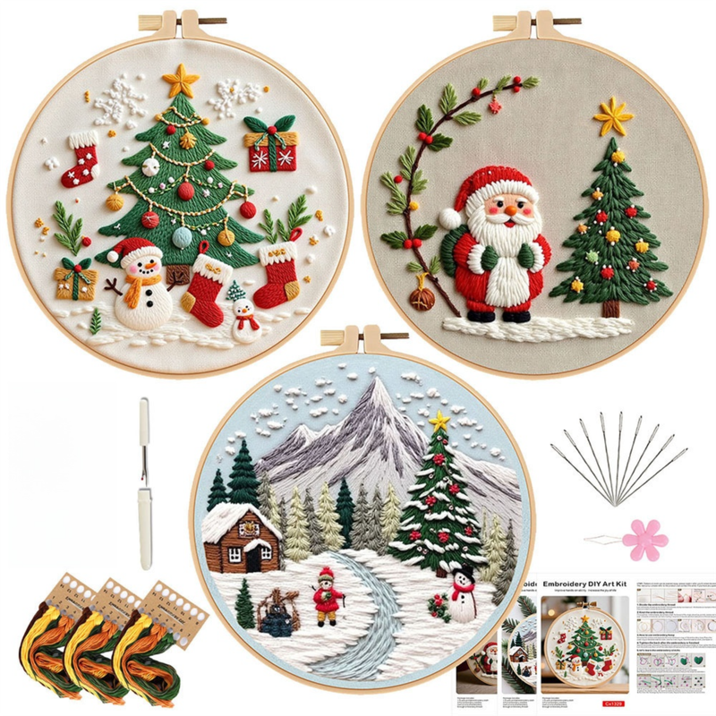 Christmas Embroidery DIY Kit with 20CM Faux Bamboo Hoop - Nordic Style Cross Stitch Material Pack (Style 5)