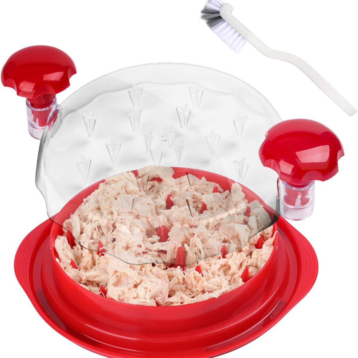 Red Chicken Shredder Machine with Transparent Lid &amp; Brush - Manual Meat Chopper and Pulverizer for Cooked Chicken and Pet Food