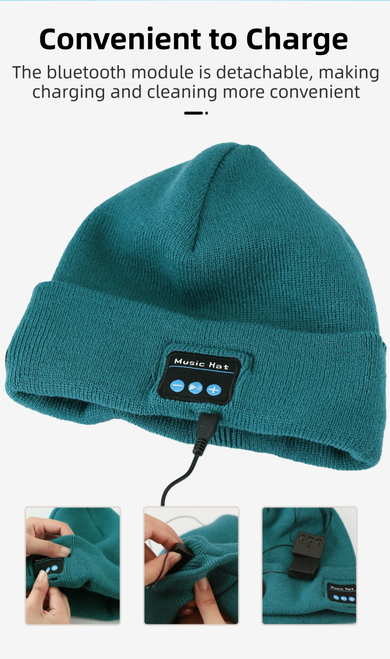 Green Removable LED Bluetooth Headphone Beanie - Washable Knit Hat with 3-Level LED Illumination & Stereo Sound, USB Rechargeable