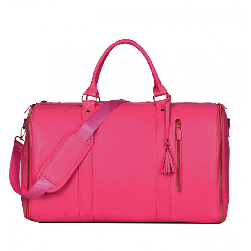 Rose-Red 56-75L Large Capacity Foldable Garment Duffel Bag with Shoe Pouch - PU Leather Convertible Suit Carrier, Anti-Wrinkle Travel &amp; Weekender Bag