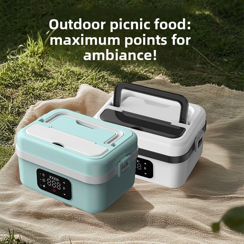 1L Black Cordless Waterless Heated Lunch Box - Portable 304 Stainless Steel Bento Box for Picnic Students Office Workers, Timed Insulation & USB Rechargeable