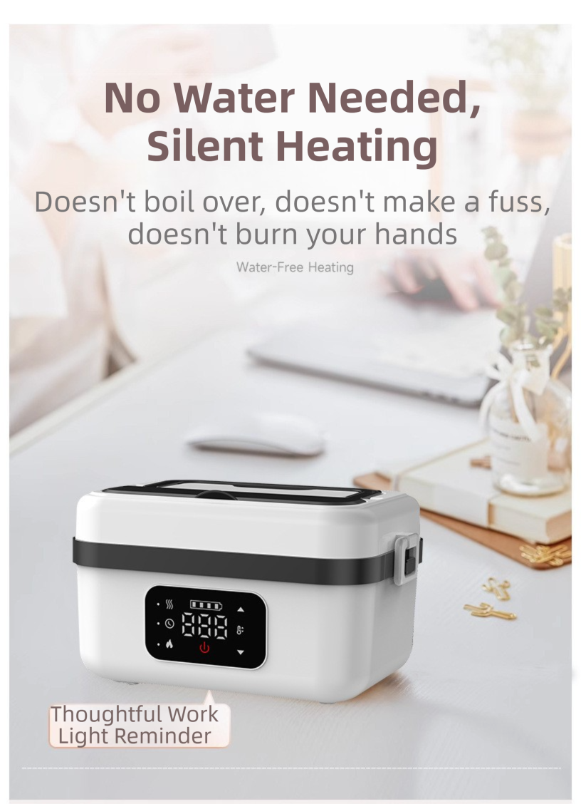 1L Black Cordless Waterless Heated Lunch Box - Portable 304 Stainless Steel Bento Box for Picnic Students Office Workers, Timed Insulation & USB Rechargeable