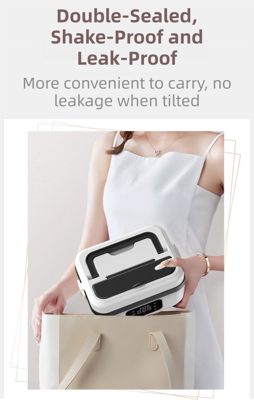 1L Black Cordless Waterless Heated Lunch Box - Portable 304 Stainless Steel Bento Box for Picnic Students Office Workers, Timed Insulation & USB Rechargeable