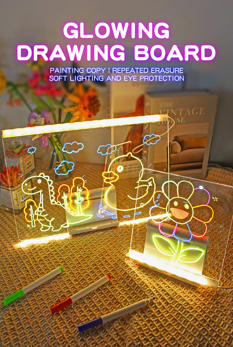 30x20CM LED Light-Up Tracing Doodle Board with 10 Brushes  - Erasable Fluorescent Drawing Tablet for Kids, Creative Painting, and Interactive Decoration/Gift