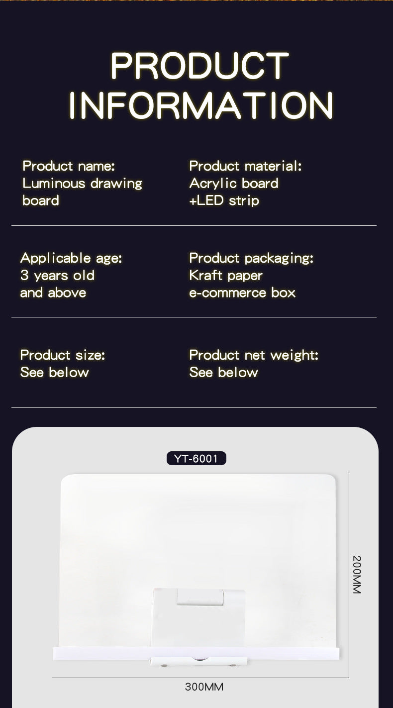 30x20CM LED Light-Up Tracing Doodle Board with 10 Brushes  - Erasable Fluorescent Drawing Tablet for Kids, Creative Painting, and Interactive Decoration/Gift