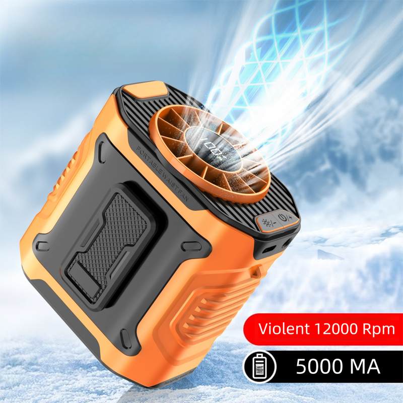 Orange Portable Waist Fan - Construction Site Cooling Solution with 360° Turbo Ice Engine, 100 Speed Gears, and LED Light