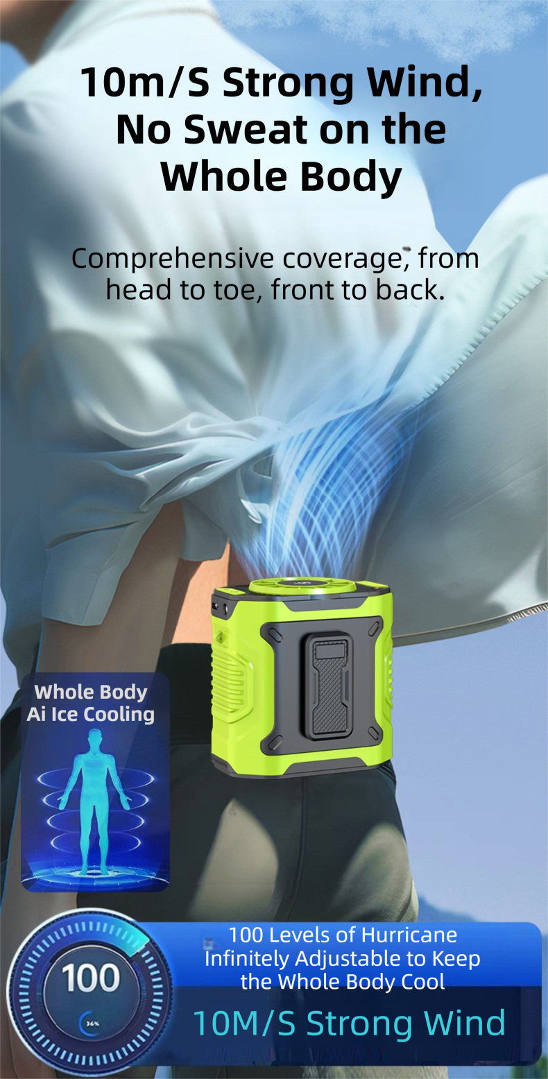Light Green Portable Waist Fan - Construction Site Cooling Solution with 360° Turbo Ice Engine, 100 Speed Gears, and LED Light