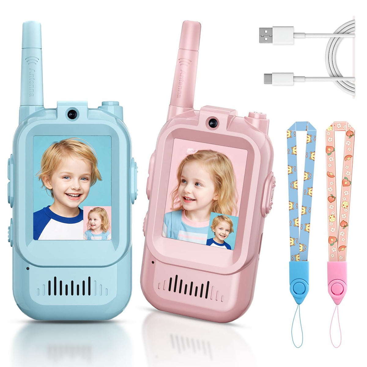 2-Pack Mini Wireless Video Intercom Set for Children(Blue &amp; Pink) - Educational and Interactive Dual-Frequency Walkie Talkie Toy for Playtime