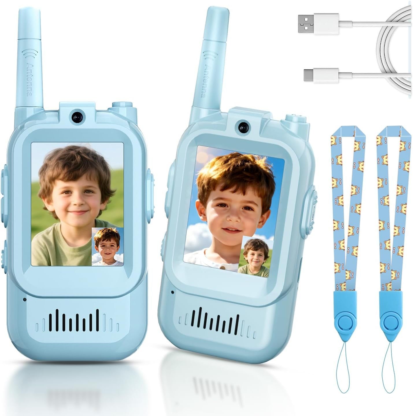 2-Pack Mini Wireless Video Intercom Set for Children(Blue) - Educational and Interactive Dual-Frequency Walkie Talkie Toy for Playtime