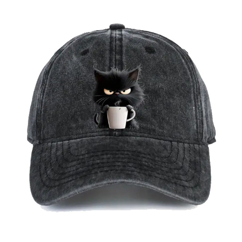 Black Washed Cotton Baseball Cap with Cat Print - Spring/Summer Casual Adjustable Unisex Couple Sun Hat