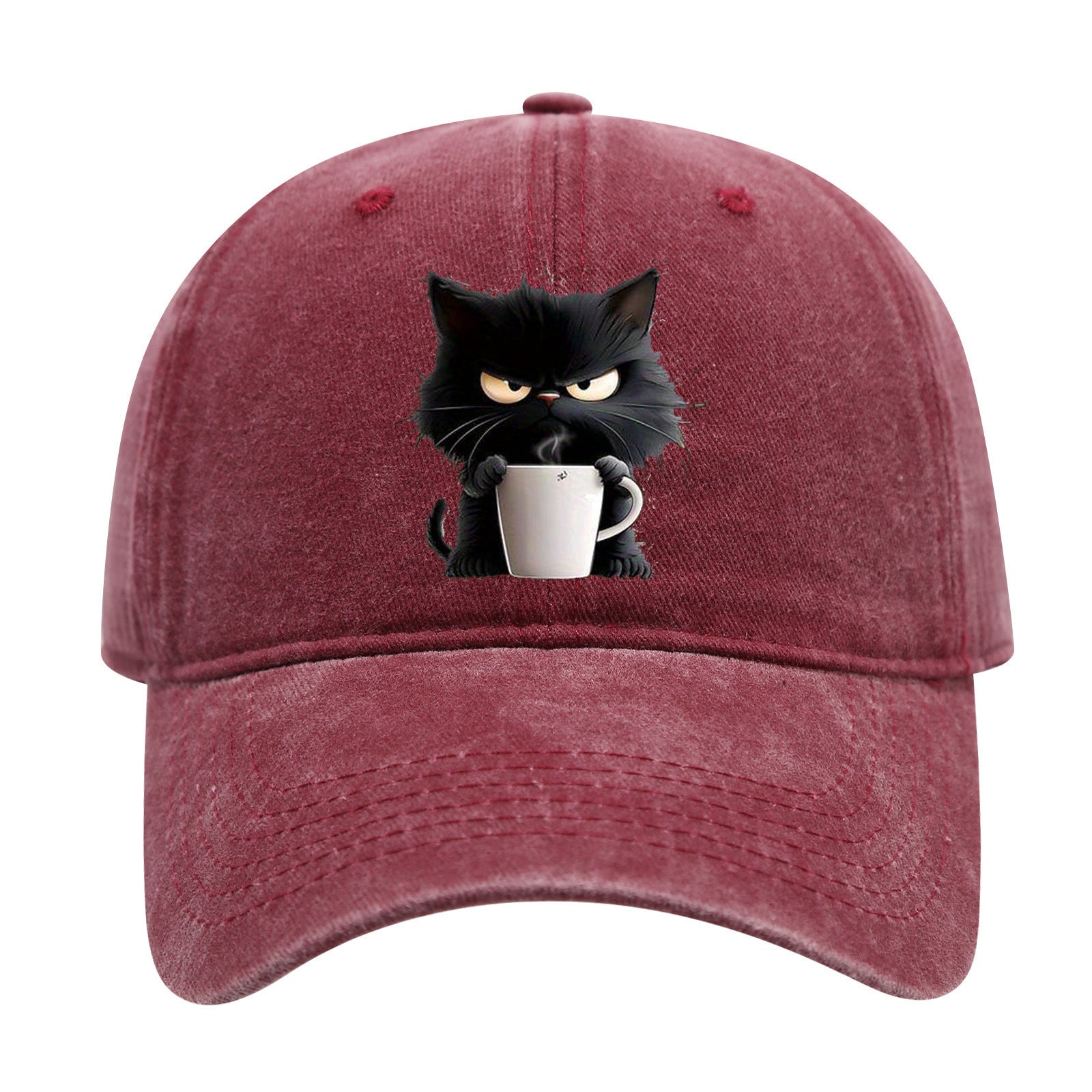 Red Washed Cotton Baseball Cap with Cat Print - Spring/Summer Casual Adjustable Unisex Couple Sun Hat