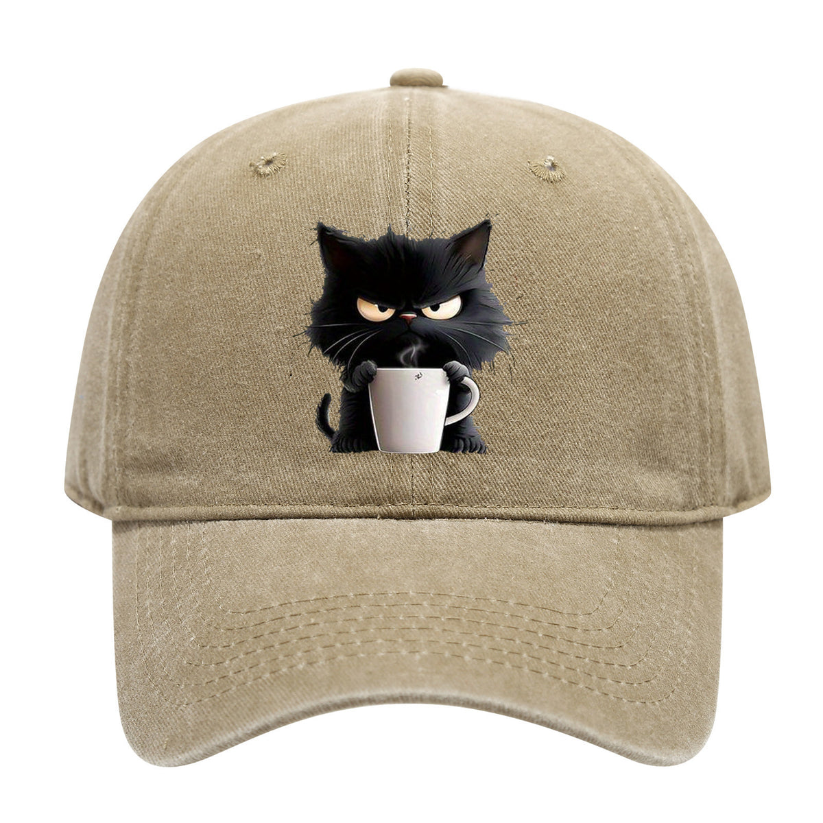 Khaki Washed Cotton Baseball Cap with Cat Print - Spring/Summer Casual Adjustable Unisex Couple Sun Hat