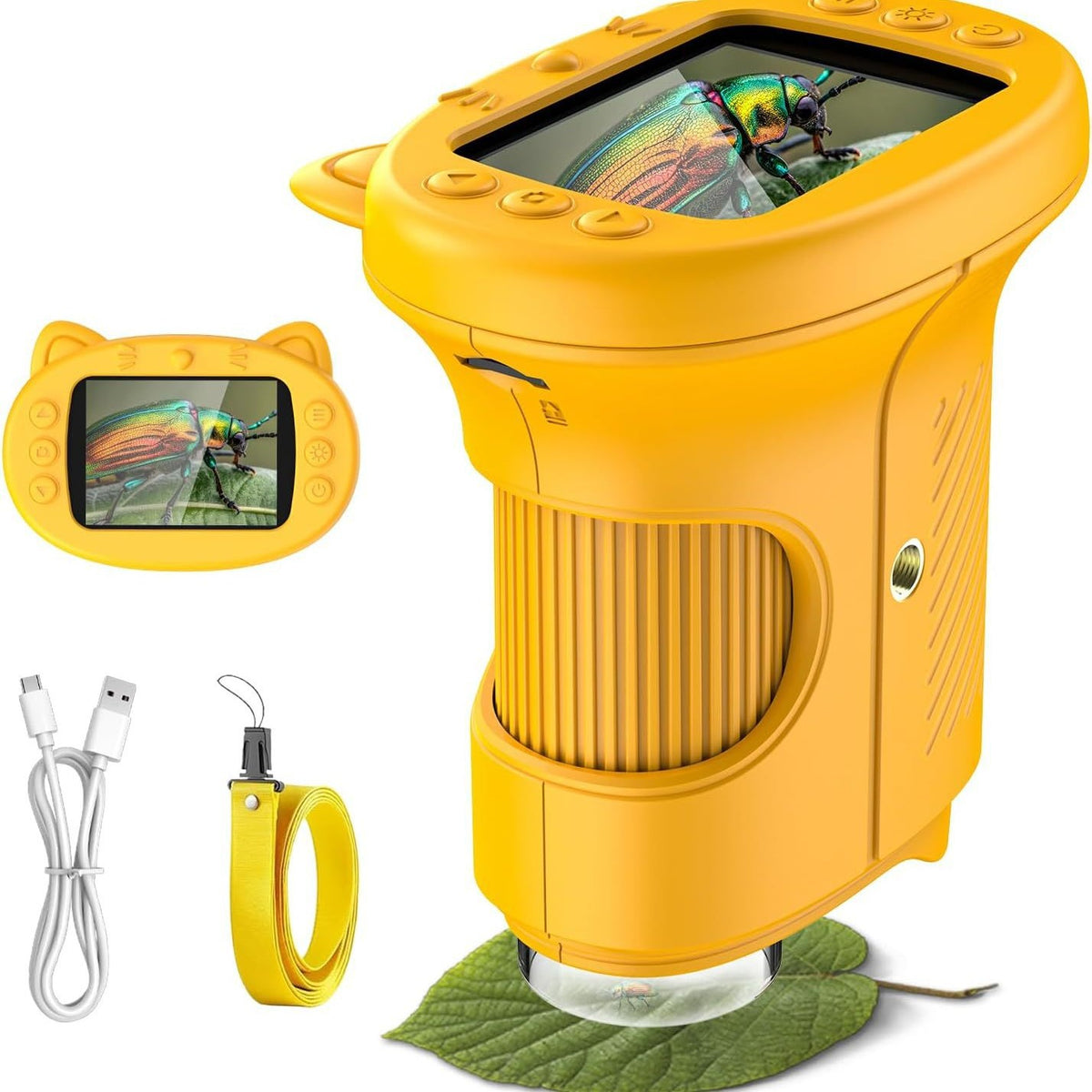 Yellow Kids Handheld Digital Microscope - 2.4-inch HD Portable Magnifier with 1000x Magnification, 2MP Camera, and Built-in Storage &amp; LED
