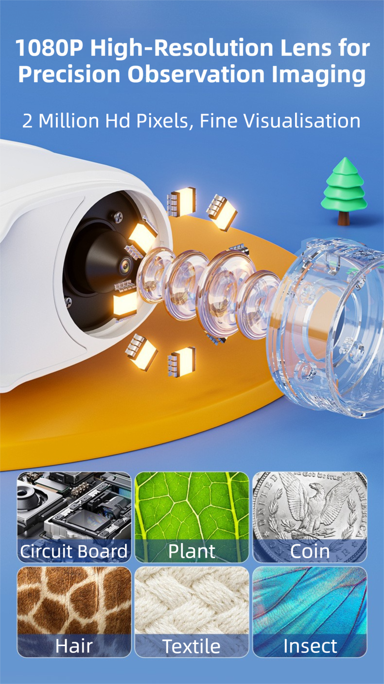 Yellow Kids Handheld Digital Microscope - 2.4-inch HD Portable Magnifier with 1000x Magnification, 2MP Camera, and Built-in Storage & LED