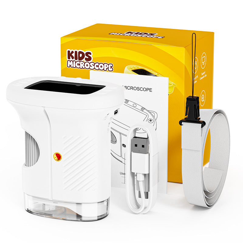 White Kids Handheld Digital Microscope - 2.4-inch HD Portable Magnifier with 1000x Magnification, 2MP Camera, and Built-in Storage &amp; LED