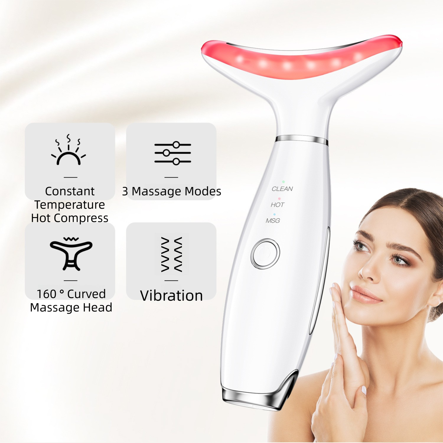White Color Light Therapy Beauty Tool and Neck Massager -  Essence Infusion Device for Lifting, Firming, Hydration & Skin Rejuvenation
