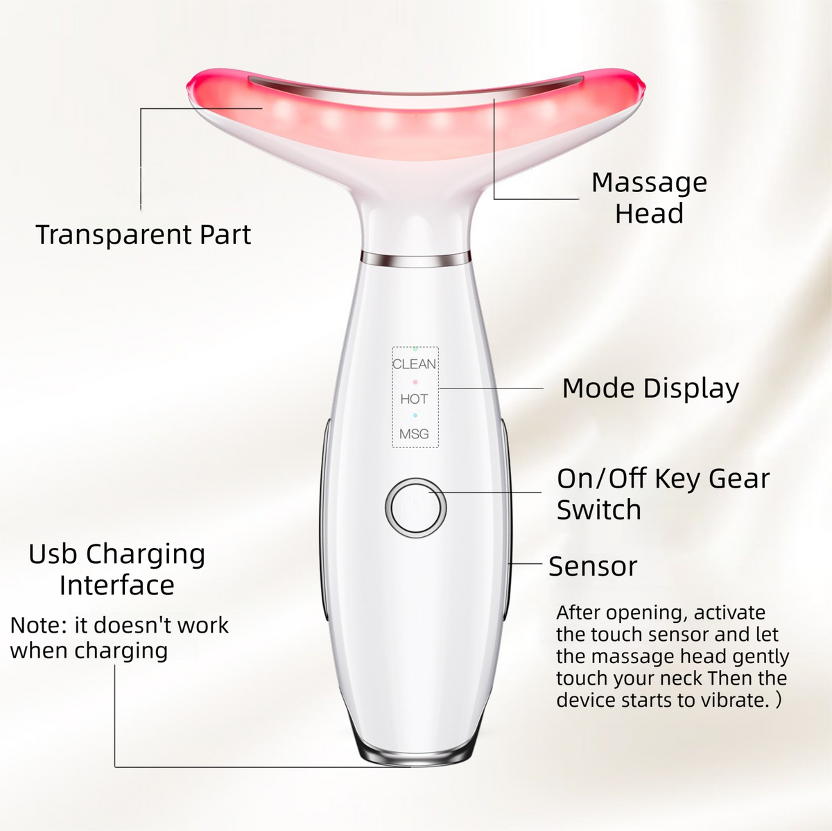 Pink Color Light Therapy Beauty Tool and Neck Massager -  Essence Infusion Device for Lifting, Firming, Hydration & Skin Rejuvenation