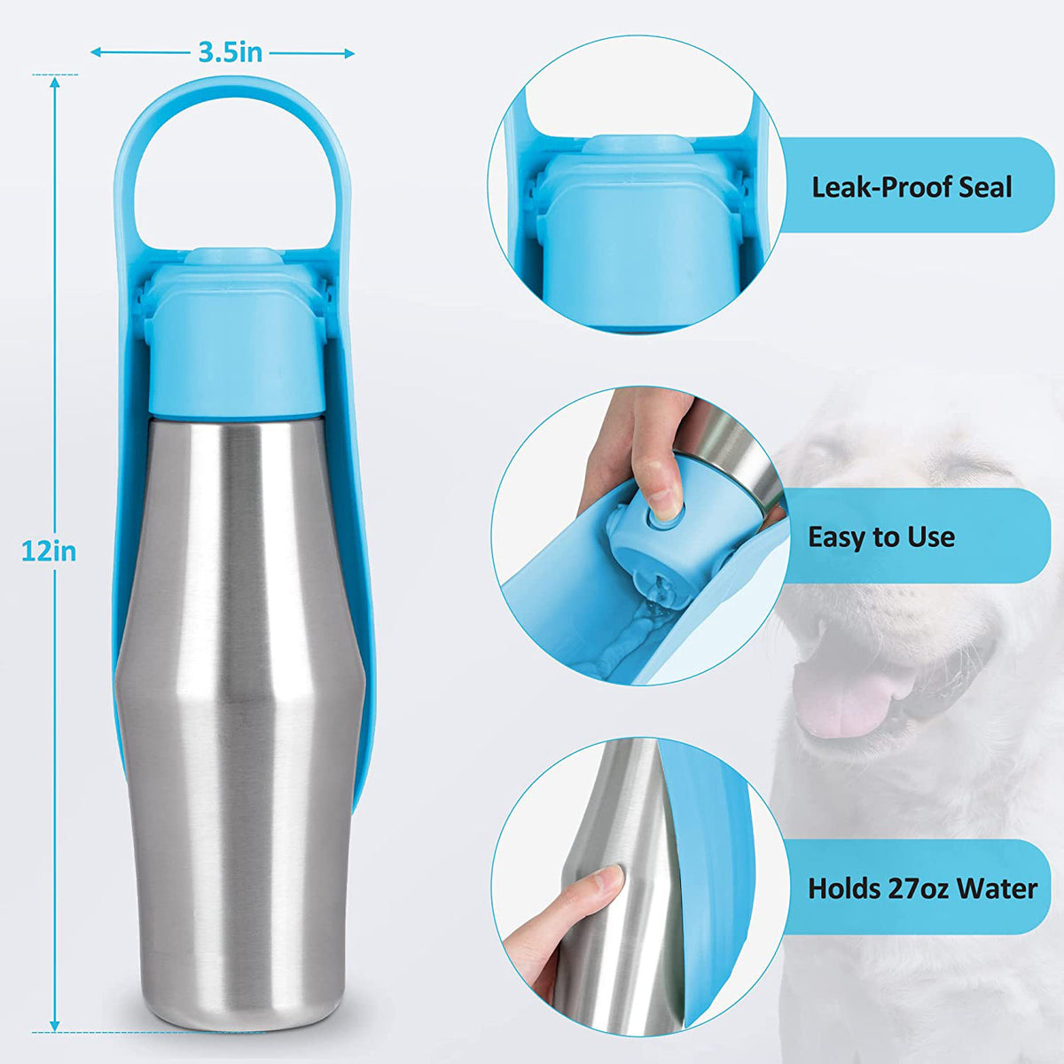 Black 27oz Food-Grade 304 Stainless Steel Pet Water Bottle - Portable Dog and Cat Travel Cup, Outdoor Feeder for Walks and Hikes