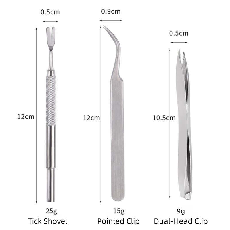 Stainless Steel Pet Tick Remover Tool Kit - Professional Fork, Double-Head Clip, and Curved Tweezers for Dogs and Cats