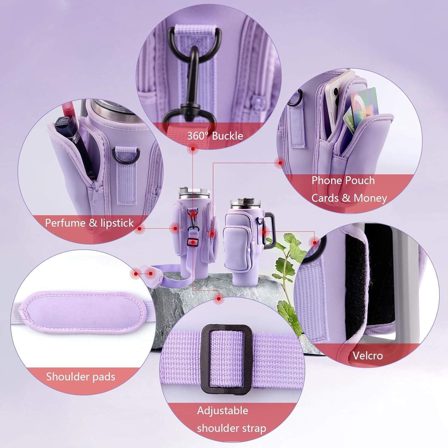 40oz Purple Insulated Tumbler Carrier Sleeve with Adjustable Shoulder Strap - Neoprene Triple-Pocket Holder for Outdoor and Car Use