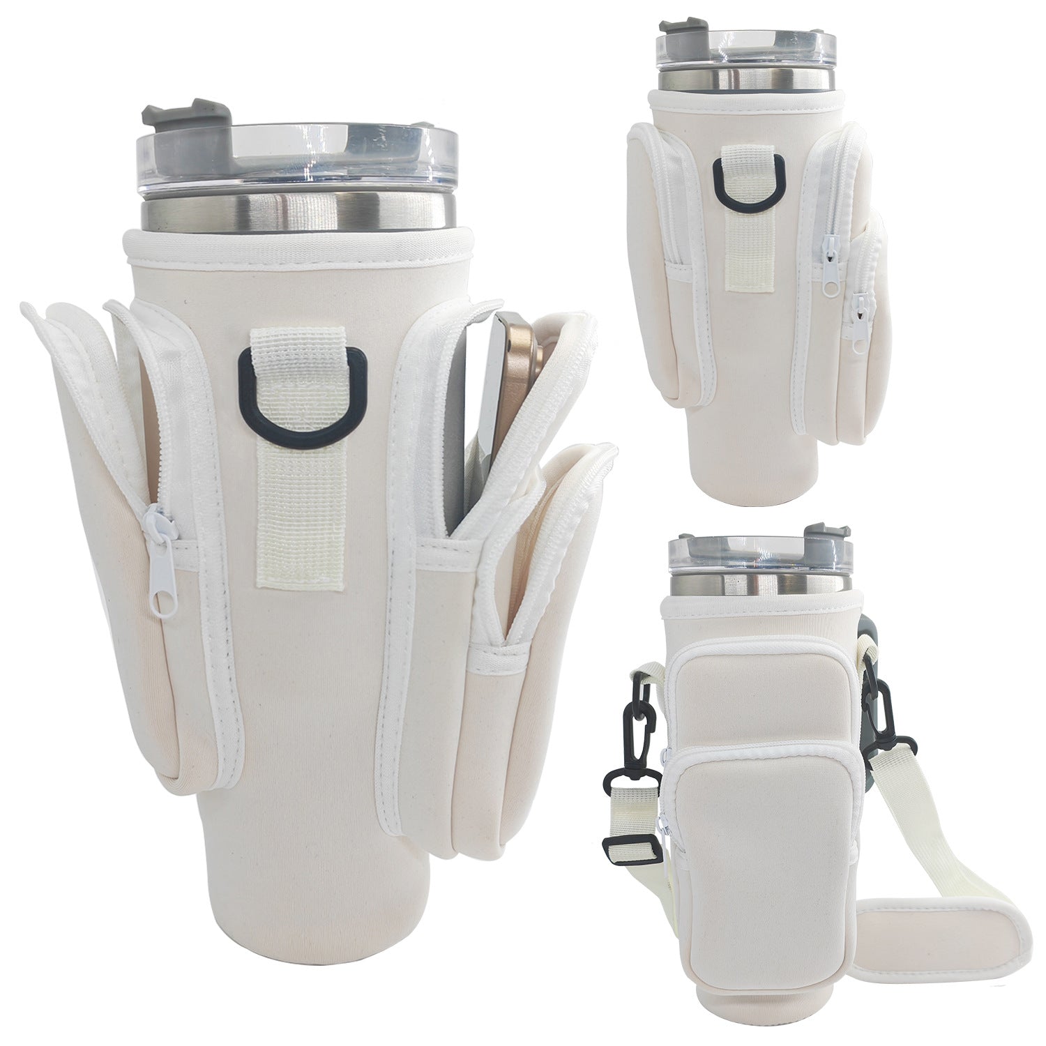 40oz Beige Insulated Tumbler Carrier Sleeve with Adjustable Shoulder Strap - Neoprene Triple-Pocket Holder for Outdoor and Car Use