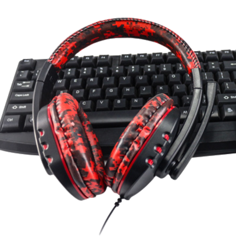 Camouflage Red Over-Ear Wired Gaming Headset with Microphone - Direct Plug-in E-Sports Headphones for PC, Console &amp; Mobile Gaming