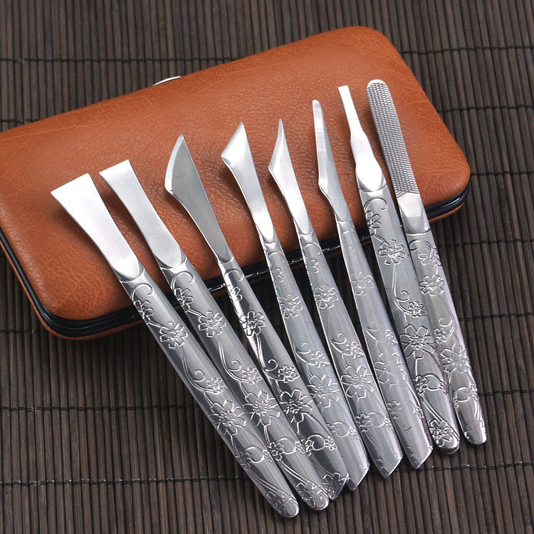 8-Piece Orchid Pattern Stainless Steel Pedicure Tool Set - Precision Tools with Leather Case for Ingrown Toenail &amp; Dead Skin Removal
