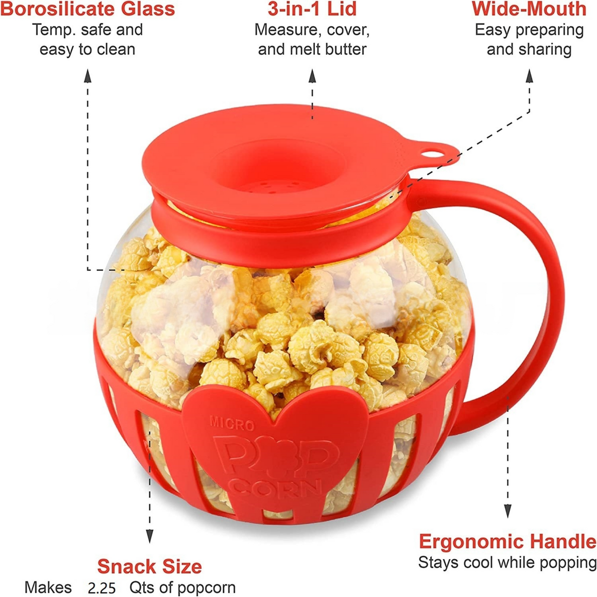 2.25QT Red Borosilicate Glass Microwave Popcorn Popper - Healthy Chemical-Free Snack Maker - Dishwasher Safe & Wide Mouth Design