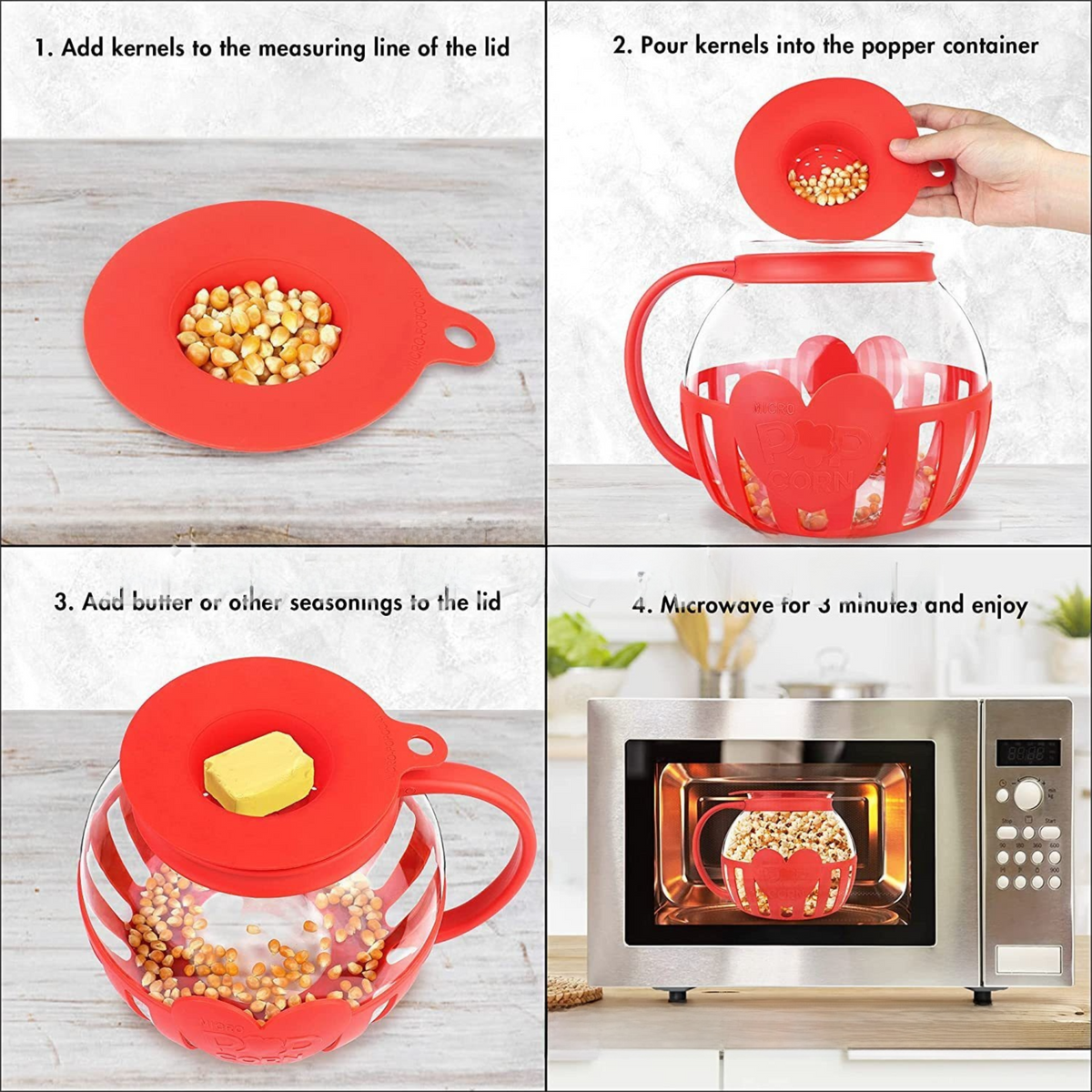 2.25QT Red Borosilicate Glass Microwave Popcorn Popper - Healthy Chemical-Free Snack Maker - Dishwasher Safe & Wide Mouth Design