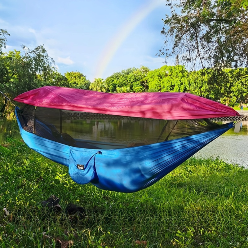 290 x 140CM Professional Nylon Hammock with Integrated Mosquito Net &amp; Sunshade - 2-Person  Anti-Rollover Camping Swing with Heavy-Duty Installation Kit (Blue Pink)
