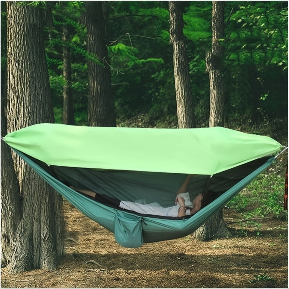 290 x 140CM Professional Nylon Hammock with Integrated Mosquito Net & Sunshade - 2-Person  Anti-Rollover Camping Swing with Heavy-Duty Installation Kit (Light Green)