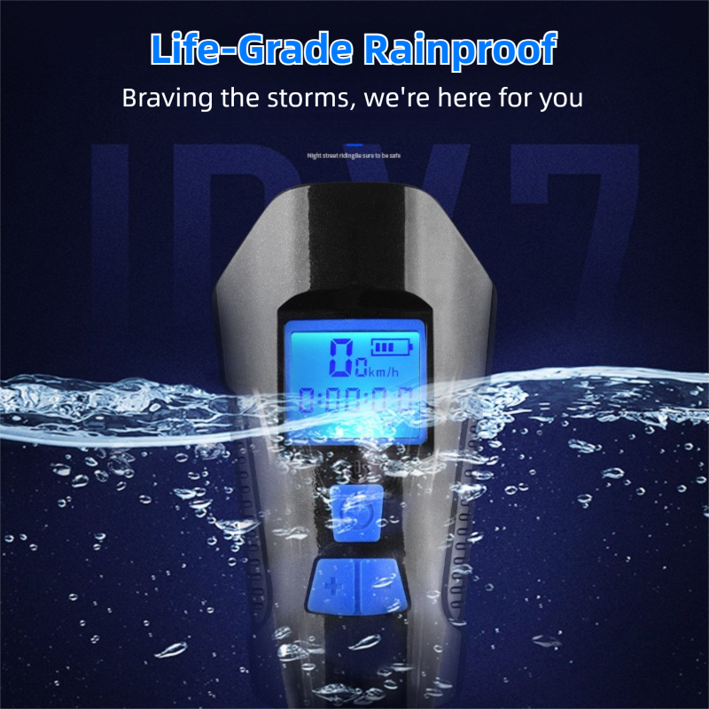 Blue Professional 3-in-1 Waterproof Bicycle Headlight with Integrated Speedometer & Horn - High-Lumen Night Riding Safety Lamp, USB Rechargeable Bike Computer